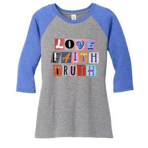 Magazine Cutout Alphabet Design: Love Faith Truth Gift Women's Tri-Blend 3/4-Sleeve Raglan Shirt