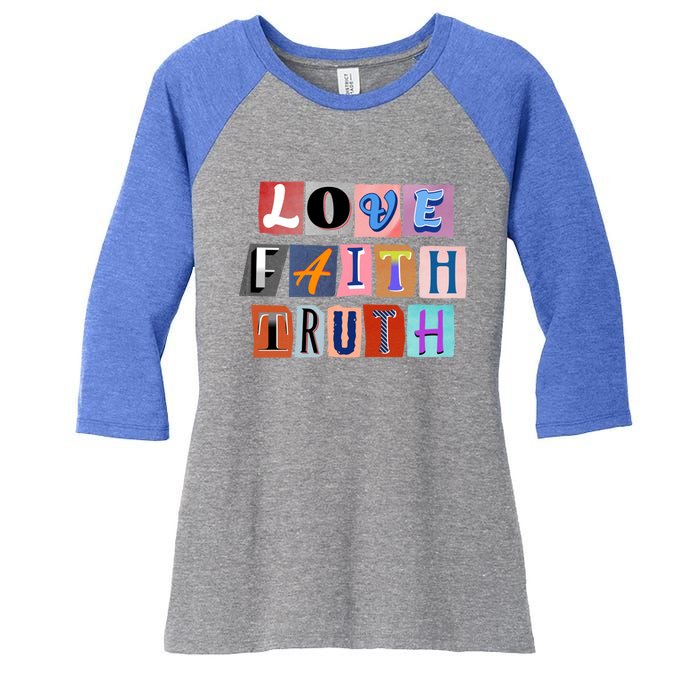 Magazine Cutout Alphabet Design: Love Faith Truth Gift Women's Tri-Blend 3/4-Sleeve Raglan Shirt