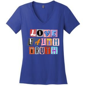 Magazine Cutout Alphabet Design: Love Faith Truth Gift Women's V-Neck T-Shirt