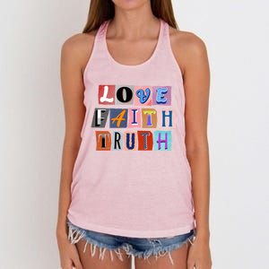 Magazine Cutout Alphabet Design: Love Faith Truth Gift Women's Knotted Racerback Tank