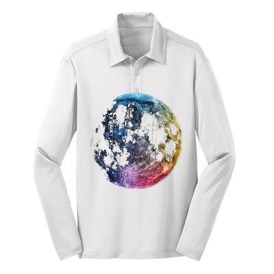 Moon Colored Art Graphic Artwork Motif Moon Silk Touch Performance Long Sleeve Polo