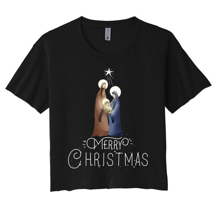 Merry Christmas Advent Nativity Scene North Star Women's Crop Top Tee