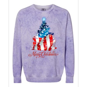 Merry Christmas American Flag Christmas Tree Colorblast Crewneck Sweatshirt