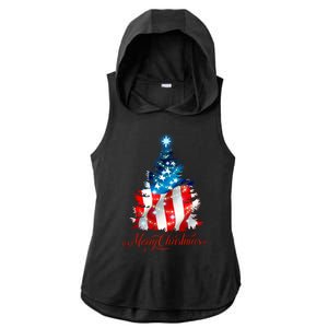 Merry Christmas American Flag Christmas Tree Ladies PosiCharge Tri-Blend Wicking Draft Hoodie Tank