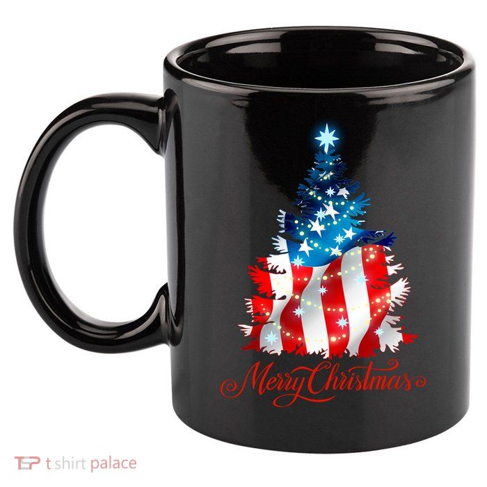 Merry Christmas American Flag Christmas Tree 11oz C Handle Ceramic Mug