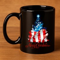 Merry Christmas American Flag Christmas Tree 11oz C Handle Ceramic Mug