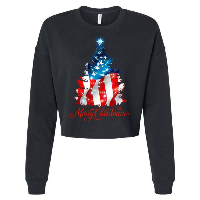Merry Christmas American Flag Christmas Tree Cropped Pullover Crew
