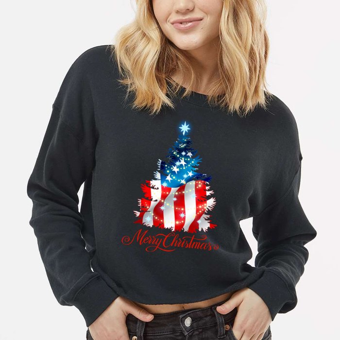 Merry Christmas American Flag Christmas Tree Cropped Pullover Crew