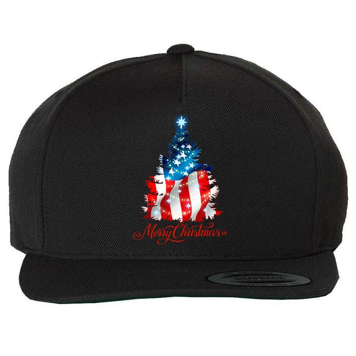 Merry Christmas American Flag Christmas Tree Wool Snapback Cap