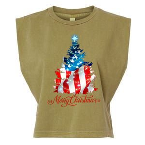 Merry Christmas American Flag Christmas Tree Garment-Dyed Women's Muscle Tee