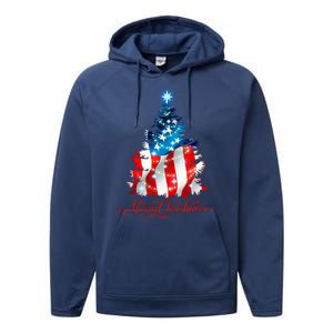 Merry Christmas American Flag Christmas Tree Performance Fleece Hoodie