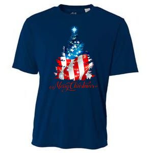 Merry Christmas American Flag Christmas Tree Cooling Performance Crew T-Shirt