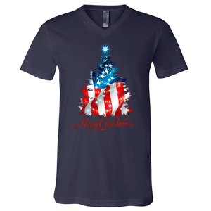 Merry Christmas American Flag Christmas Tree V-Neck T-Shirt