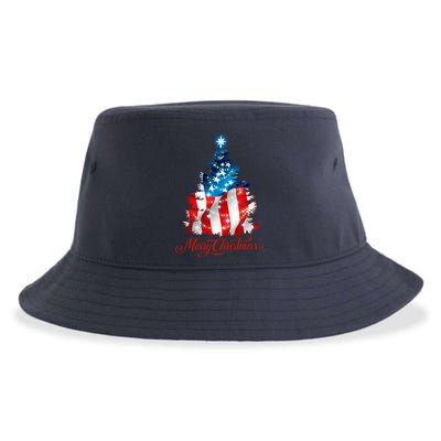 Merry Christmas American Flag Christmas Tree Sustainable Bucket Hat