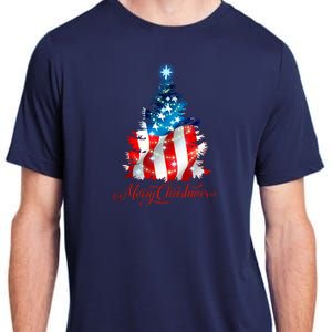 Merry Christmas American Flag Christmas Tree Adult ChromaSoft Performance T-Shirt