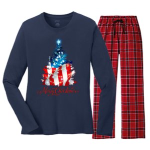 Merry Christmas American Flag Christmas Tree Women's Long Sleeve Flannel Pajama Set 