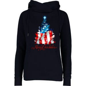 Merry Christmas American Flag Christmas Tree Womens Funnel Neck Pullover Hood