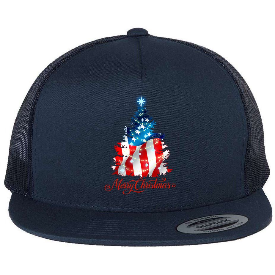 Merry Christmas American Flag Christmas Tree Flat Bill Trucker Hat