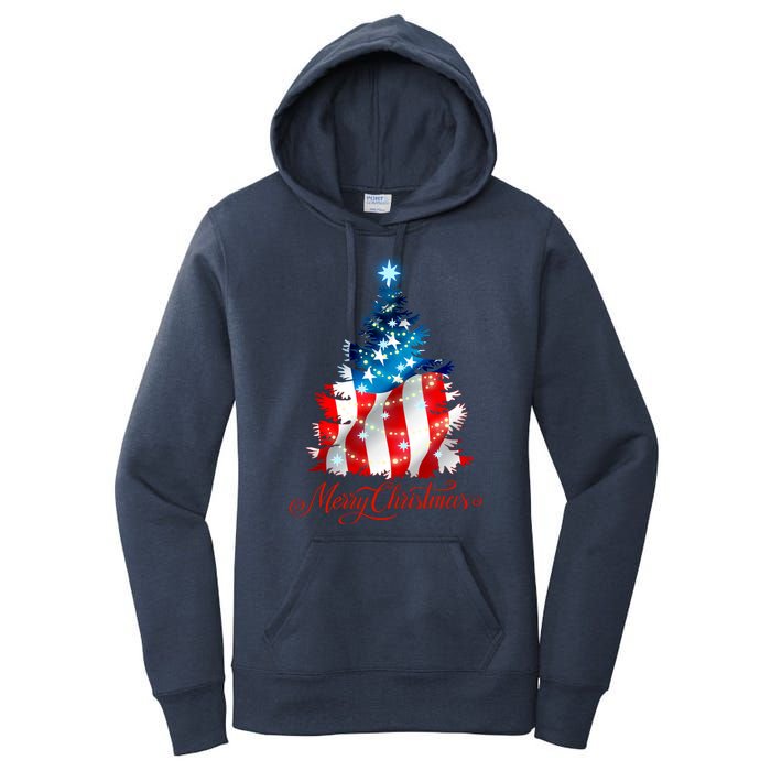 Merry Christmas American Flag Christmas Tree Women's Pullover Hoodie