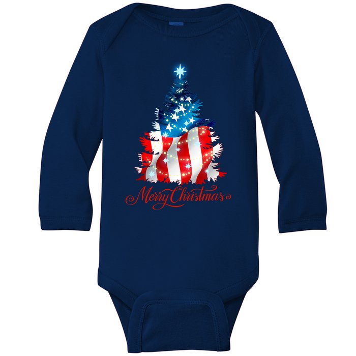 Merry Christmas American Flag Christmas Tree Baby Long Sleeve Bodysuit