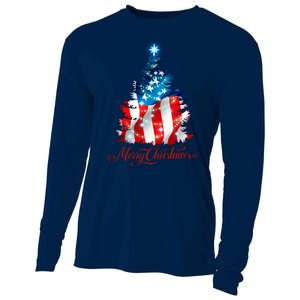 Merry Christmas American Flag Christmas Tree Cooling Performance Long Sleeve Crew