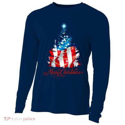 Merry Christmas American Flag Christmas Tree Cooling Performance Long Sleeve Crew