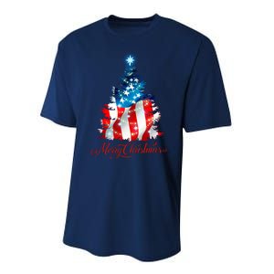 Merry Christmas American Flag Christmas Tree Performance Sprint T-Shirt