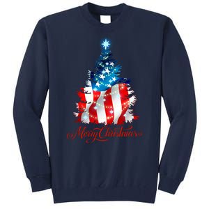 Merry Christmas American Flag Christmas Tree Tall Sweatshirt