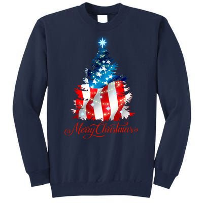 Merry Christmas American Flag Christmas Tree Tall Sweatshirt