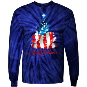 Merry Christmas American Flag Christmas Tree Tie-Dye Long Sleeve Shirt