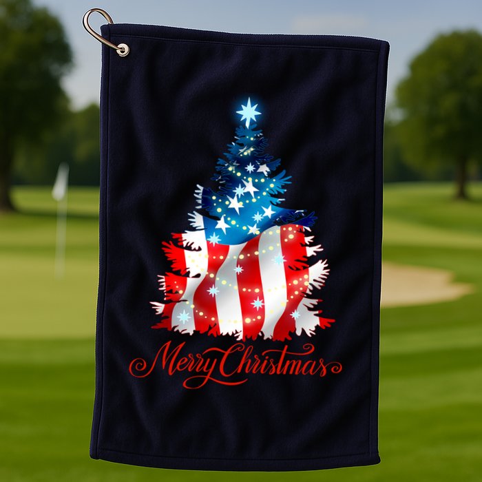 Merry Christmas American Flag Christmas Tree Golf Towel
