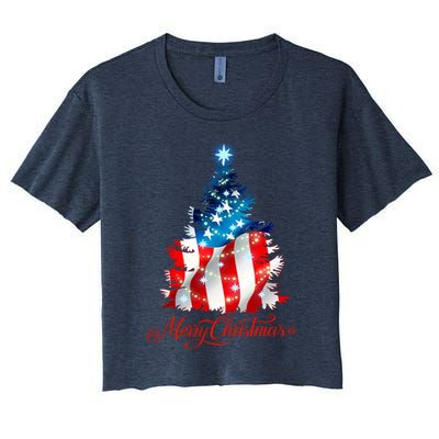 Merry Christmas American Flag Christmas Tree Women's Crop Top Tee
