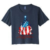 Merry Christmas American Flag Christmas Tree Women's Crop Top Tee