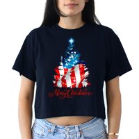 Merry Christmas American Flag Christmas Tree Women's Crop Top Tee