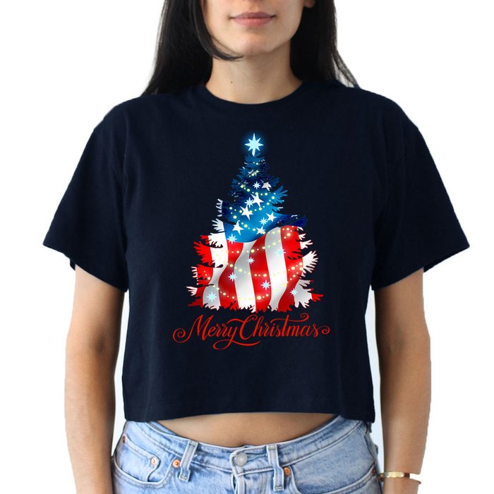Merry Christmas American Flag Christmas Tree Women's Crop Top Tee