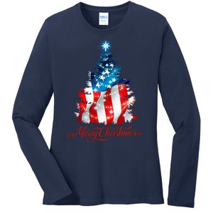 Merry Christmas American Flag Christmas Tree Ladies Long Sleeve Shirt