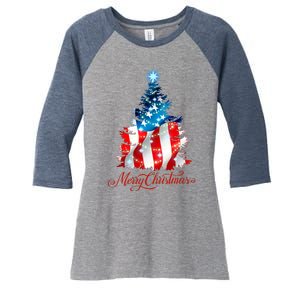 Merry Christmas American Flag Christmas Tree Women's Tri-Blend 3/4-Sleeve Raglan Shirt