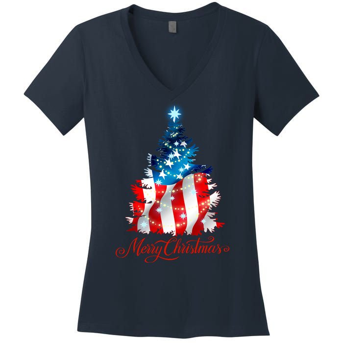 Merry Christmas American Flag Christmas Tree Women's V-Neck T-Shirt