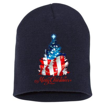 Merry Christmas American Flag Christmas Tree Short Acrylic Beanie