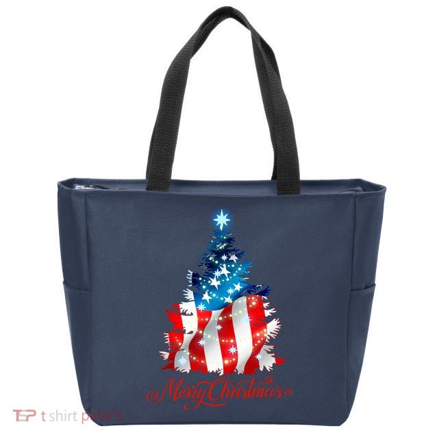 Merry Christmas American Flag Christmas Tree Zip Tote Bag
