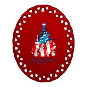 Merry Christmas American Flag Christmas Tree Ceramic Oval Ornament