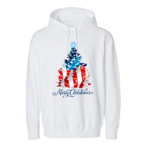 Merry Christmas American Flag Christmas Tree Garment-Dyed Fleece Hoodie