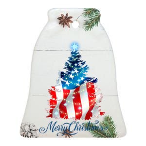 Merry Christmas American Flag Christmas Tree Ceramic Bell Ornament