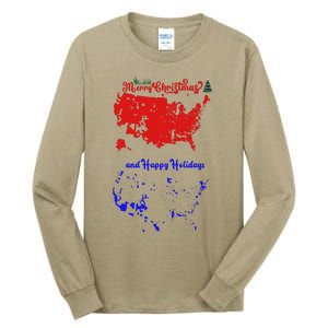 Merry Christmas And Happy Holidays Festive Usa Map Trump Tall Long Sleeve T-Shirt