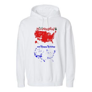 Merry Christmas And Happy Holidays Festive Usa Map Trump Garment-Dyed Fleece Hoodie