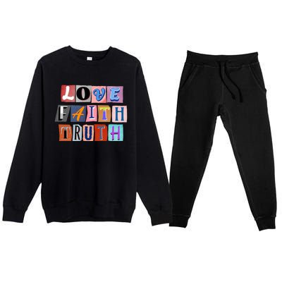 Magazine Cutout Alphabet Design: Love Faith Truth Gift Premium Crewneck Sweatsuit Set