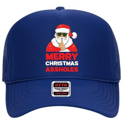 Merry Christmas Assholes Funny Santa High Crown Mesh Back Trucker Hat