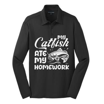 My Catfish Ate My Homework Funny Catfishing Fisherman Silk Touch Performance Long Sleeve Polo