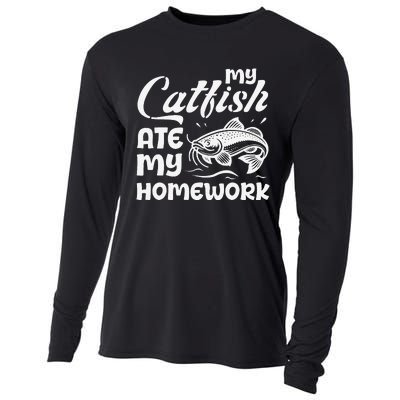 My Catfish Ate My Homework Funny Catfishing Fisherman Cooling Performance Long Sleeve Crew