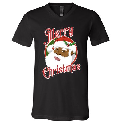 Merry Christmas African American Santa Claus Long Sleeve V-Neck T-Shirt